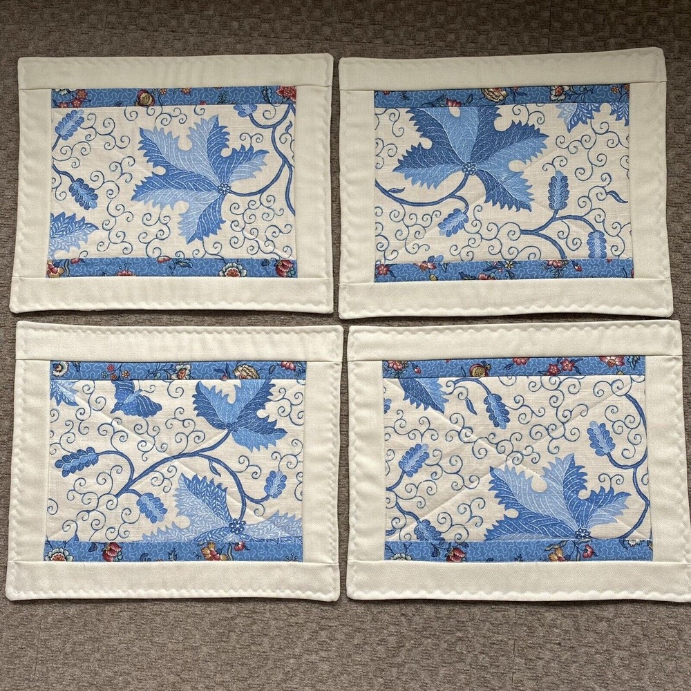 Set of 4 Floral Leaf Two sided Placemats Table Linens Beige Blue Maroon Winter